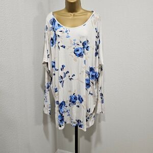 Ivory Floral Tunic Womens Plus 2X Blue Tan Cottage Oversized Feminine Stretchy